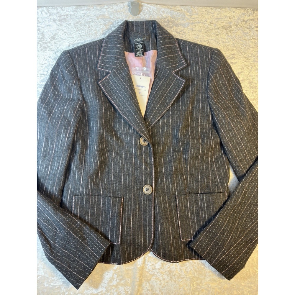 Willi Smith Blazer Women 8 Wool Blend Pinstripe Pink Trim Y2K Preppy NWT